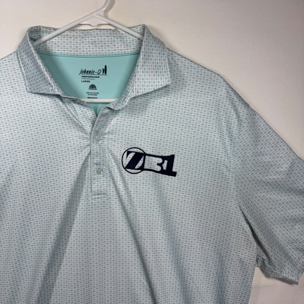 Johnnie-O Performance Polo Mens Large Blue Geometric ZBI Logo UPF 50 Golf Shirt